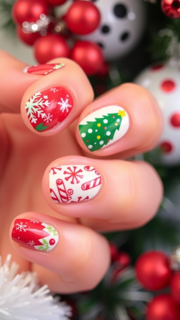Close-up of short round Christmas nails with festive designs in red, green, and white.